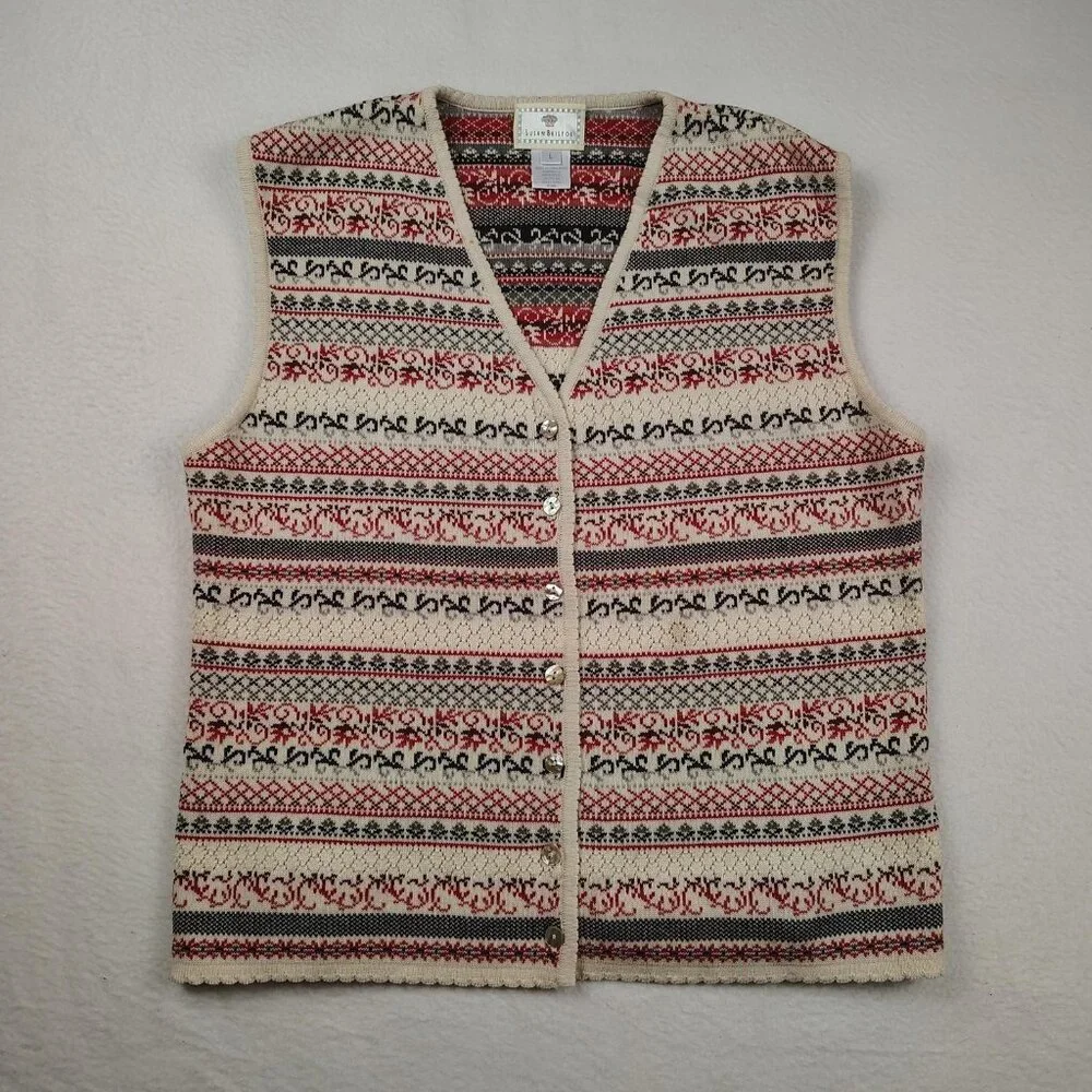 VTG 90's Susan Bristol Sweater Vest Womens Large Cream Fair Isle Nordic - Picture 1 of 8